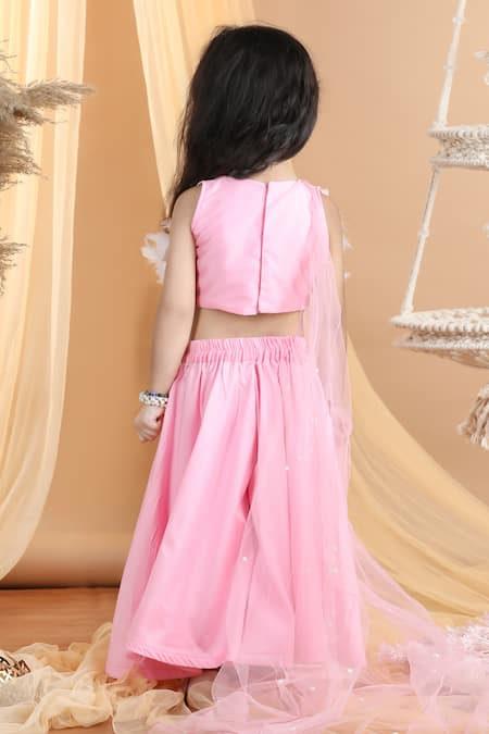 Shop_The Little Celebs_Pink Silk, Crepe Beads, Stones Hand Embroidered Crop Top And Palazzo Set _at_Aza_Fashions