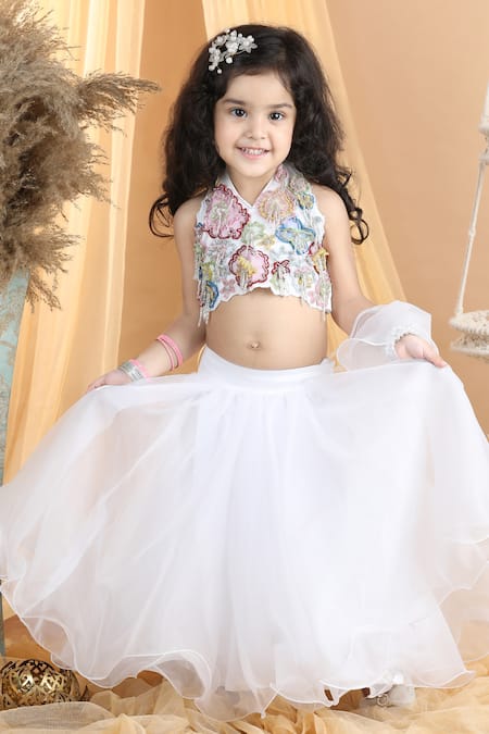 The Little Celebs_White Organza, Crepe Embroidery, Cut Work Blouse Lehenga Set _Online_at_Aza_Fashions