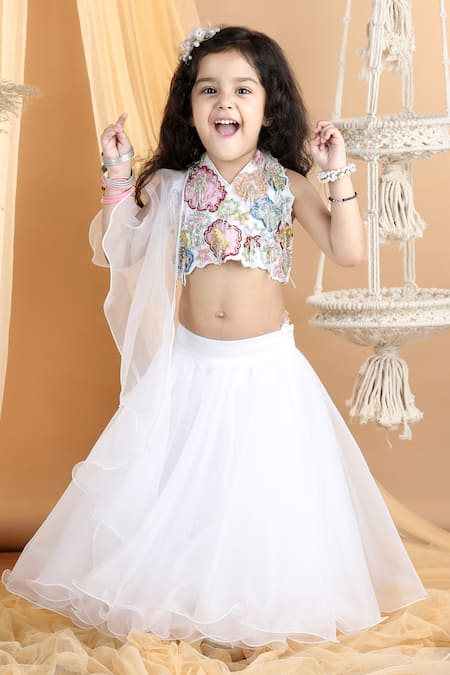 Buy_The Little Celebs_White Organza, Crepe Embroidery, Cut Work Blouse Lehenga Set _Online_at_Aza_Fashions