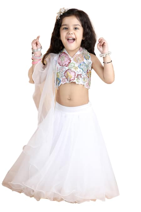 Buy_The Little Celebs_White Organza, Crepe Embroidery, Cut Work Blouse Lehenga Set 