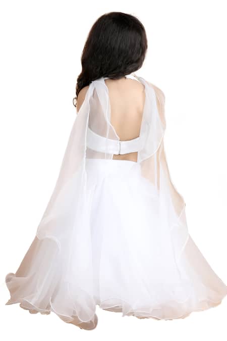 Shop_The Little Celebs_White Organza, Crepe Embroidery, Cut Work Blouse Lehenga Set 