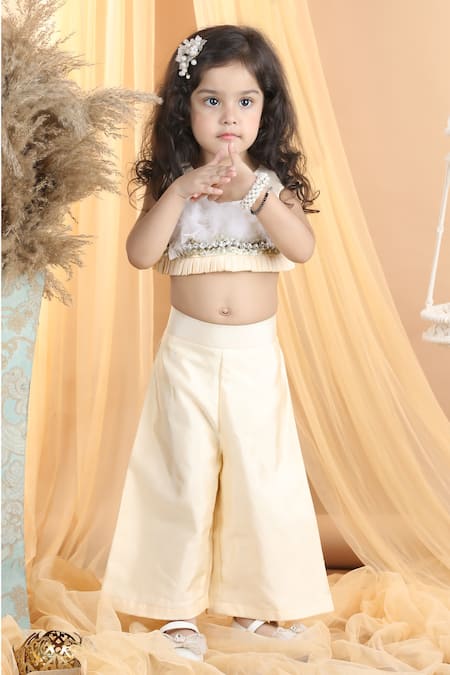 The Little Celebs_Beige Silk, Crepe Beads, Stones Embroidered Crop Top And Palazzo Set _Online_at_Aza_Fashions