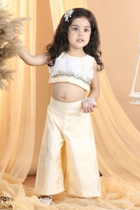 The Little Celebs_Beige Silk, Crepe Beads, Stones Embroidered Crop Top And Palazzo Set _at_Aza_Fashions