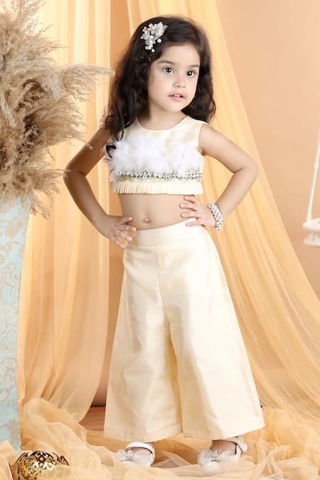 The little celebs Beige Silk Hand Embroidered Beads Crop Top And Palazzo Set 