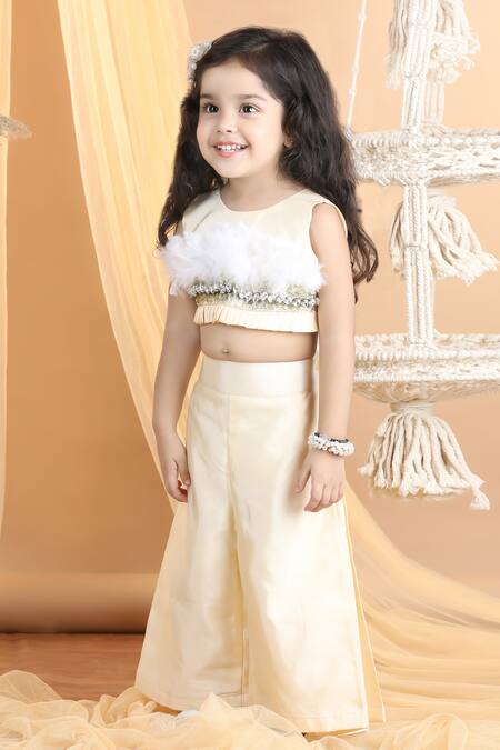 Shop_The Little Celebs_Beige Silk, Crepe Beads, Stones Embroidered Crop Top And Palazzo Set _at_Aza_Fashions