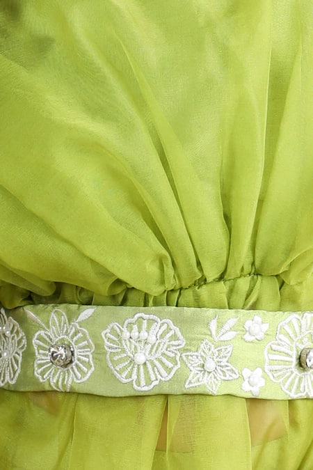 The Little Celebs_Green Silk, Organza, Crepe Beads, Embroidery Floral Top And Pant Set _Online_at_Aza_Fashions