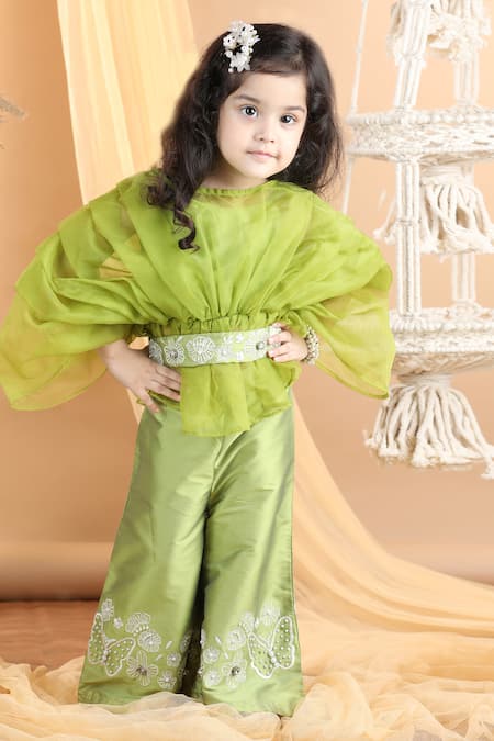 Buy_The Little Celebs_Green Silk, Organza, Crepe Beads, Embroidery Floral Top And Pant Set _Online_at_Aza_Fashions