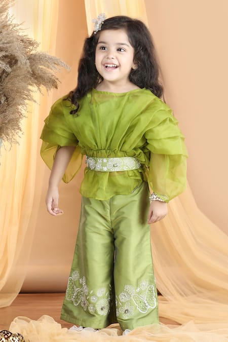 Shop_The Little Celebs_Green Silk, Organza, Crepe Beads, Embroidery Floral Top And Pant Set _Online_at_Aza_Fashions