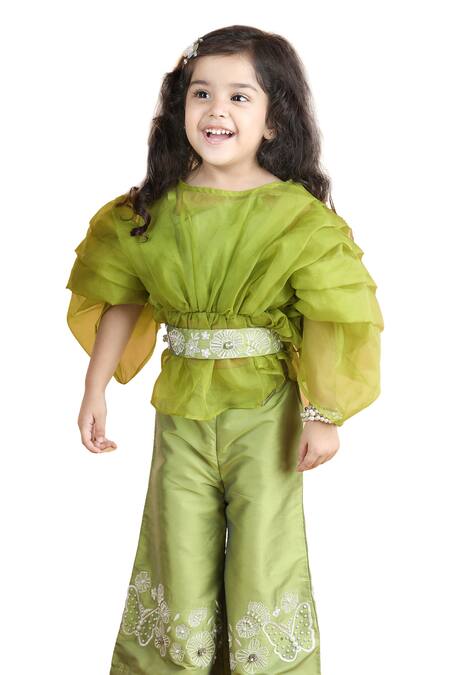 The Little Celebs Green Silk, Organza, Crepe Beads, Embroidery Floral Top And Pant Set at Aza Fashions The Little Celebs_Green Silk, Organza, Crepe Beads, Embroidery Floral Top And Pant Set _at_Aza_Fashions