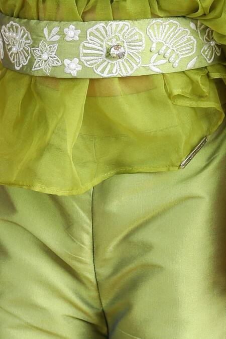Buy_The Little Celebs_Green Silk, Organza, Crepe Beads, Embroidery Floral Top And Pant Set 