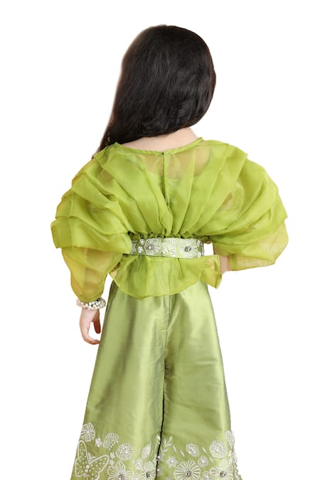 Shop The Little Celebs Green Silk, Organza, Crepe Beads, Embroidery Floral Top And Pant Set Shop_The Little Celebs_Green Silk, Organza, Crepe Beads, Embroidery Floral Top And Pant Set