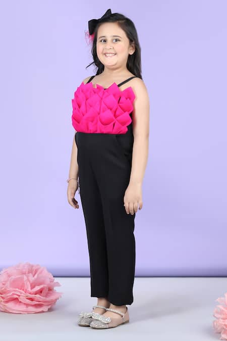 The Little Celebs_Black Crepe Fabric Flowers Embellished Sleeveless Jumpsuit _at_Aza_Fashions
