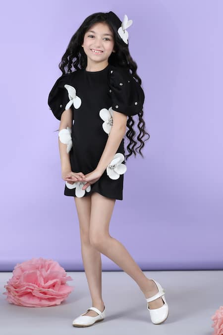 Shop_The Little Celebs_Black Neoprene Embroidery Embellished Straight Dress _Online_at_Aza_Fashions