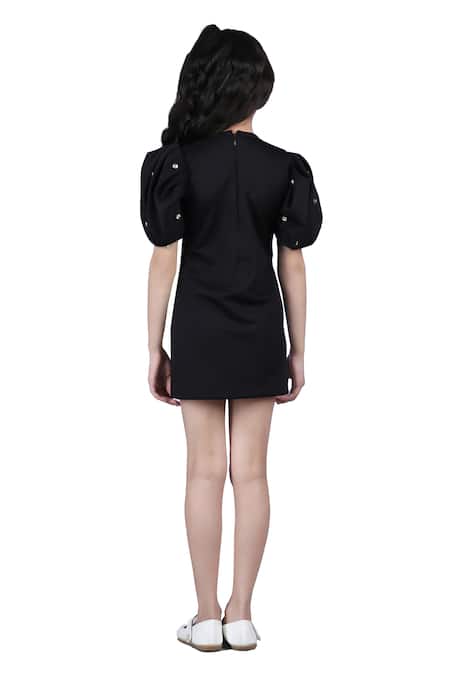 The Little Celebs_Black Neoprene Embroidery Embellished Straight Dress _at_Aza_Fashions