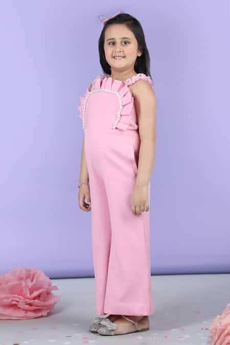 The Little Celebs_Pink Crepe Pearls Embellished Jumpsuit _at_Aza_Fashions