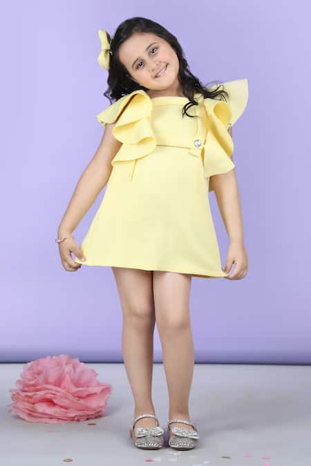 Buy_The Little Celebs_Yellow Neoprene Ruffled Sleeve Solid A-line Dress _Online_at_Aza_Fashions