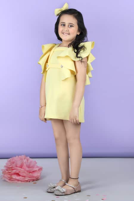 The Little Celebs_Yellow Neoprene Ruffled Sleeve Solid A-line Dress _at_Aza_Fashions
