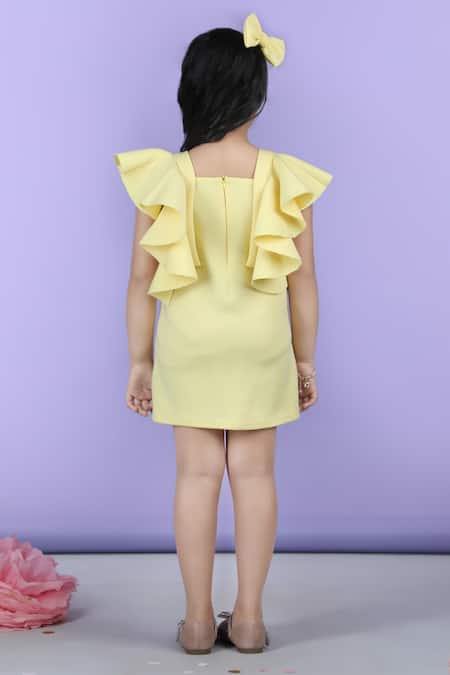 Shop_The Little Celebs_Yellow Neoprene Ruffled Sleeve Solid A-line Dress _at_Aza_Fashions