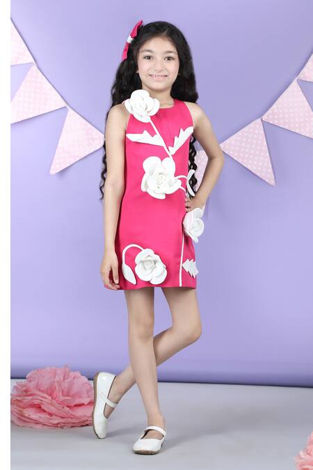 Buy_The Little Celebs_Pink Crepe Embroidery Embellished Sleeveless Dress _Online_at_Aza_Fashions