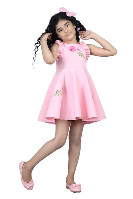 The Little Celebs_Pink Cotton Embroidery Patchwork Dress _Online_at_Aza_Fashions