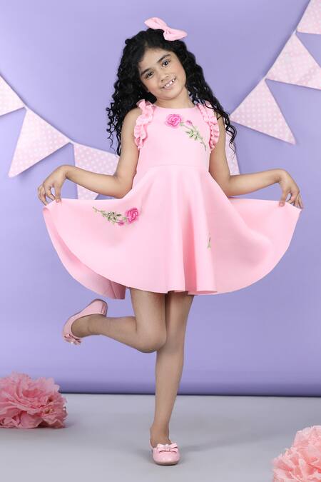 Buy_The Little Celebs_Pink Cotton Embroidery Patchwork Dress _Online_at_Aza_Fashions