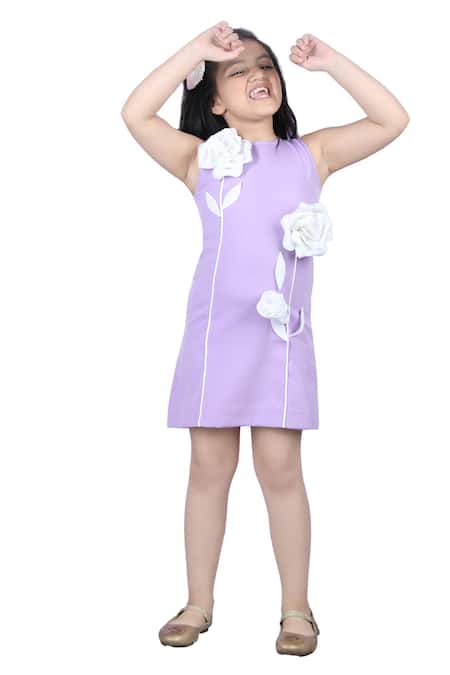 The Little Celebs_Purple Crepe Fabric Flowers Sleeveless Embellished Dress _Online_at_Aza_Fashions