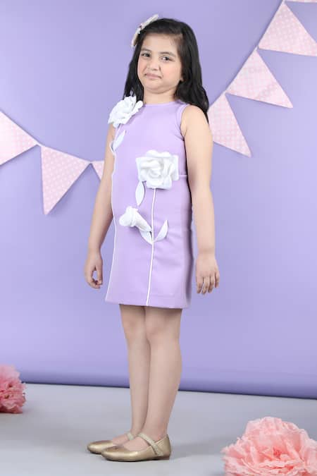 The Little Celebs_Purple Crepe Fabric Flowers Sleeveless Embellished Dress _at_Aza_Fashions