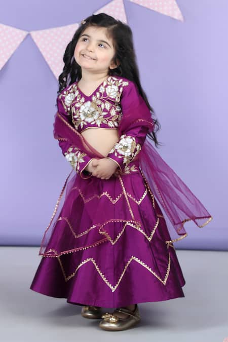 Shop_The Little Celebs_Purple Silk, Crepe Gota Patti Embroidered Lehenga Set _Online_at_Aza_Fashions