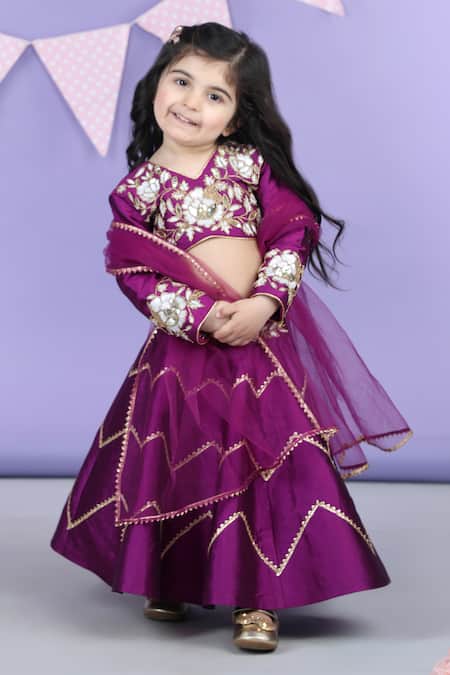 The Little Celebs_Purple Silk, Crepe Gota Patti Embroidered Lehenga Set _at_Aza_Fashions