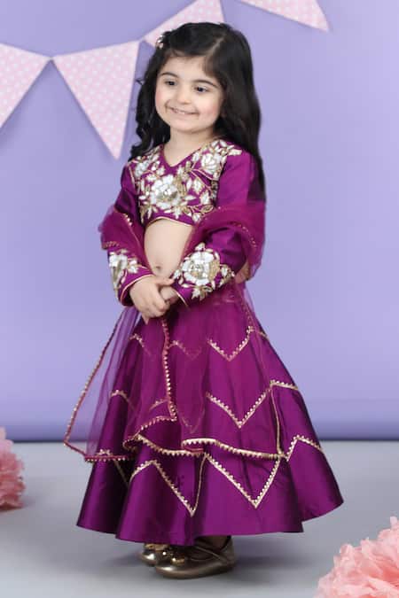 Buy_The Little Celebs_Purple Silk, Crepe Gota Patti Embroidered Lehenga Set 