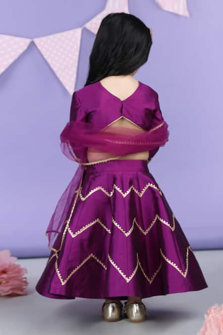 Shop_The Little Celebs_Purple Silk, Crepe Gota Patti Embroidered Lehenga Set _at_Aza_Fashions