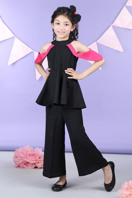 The Little Celebs_Black Crepe Solid Peplum Top And Pant Set _at_Aza_Fashions