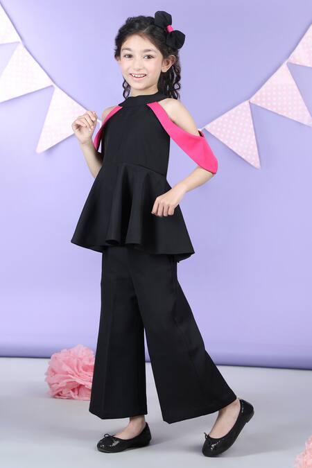 Buy_The Little Celebs_Black Crepe Solid Peplum Top And Pant Set 