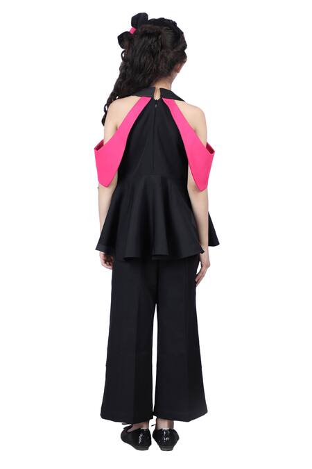 Shop The Little Celebs Black Crepe Solid Peplum Top And Pant Set Shop_The Little Celebs_Black Crepe Solid Peplum Top And Pant Set