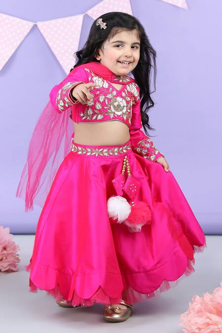 Buy_The Little Celebs_Pink Silk, Crepe Sequins, Beads Embroidered Blouse Lehenga Set _Online_at_Aza_Fashions