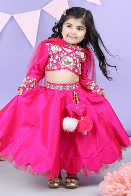 Shop_The Little Celebs_Pink Silk, Crepe Sequins, Beads Embroidered Blouse Lehenga Set _Online_at_Aza_Fashions