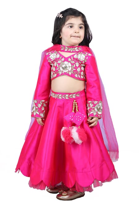 The Little Celebs_Pink Silk, Crepe Sequins, Beads Embroidered Blouse Lehenga Set _at_Aza_Fashions