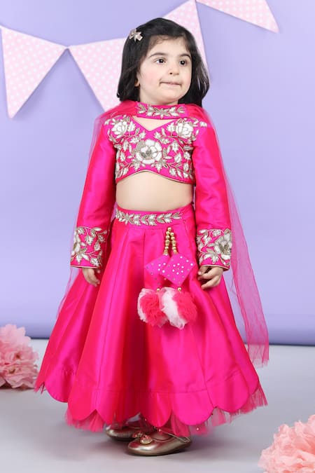 Buy_The Little Celebs_Pink Silk, Crepe Sequins, Beads Embroidered Blouse Lehenga Set 