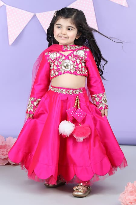 The little celebs Pink Silk Embroidered Floral Sequins Blouse Lehenga Set 