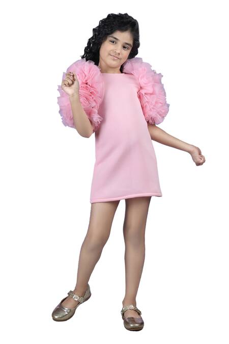 The Little Celebs Pink Crepe Ruffled Sleeve Solid Dress Online at Aza Fashions The Little Celebs_Pink Crepe Ruffled Sleeve Solid Dress _Online_at_Aza_Fashions
