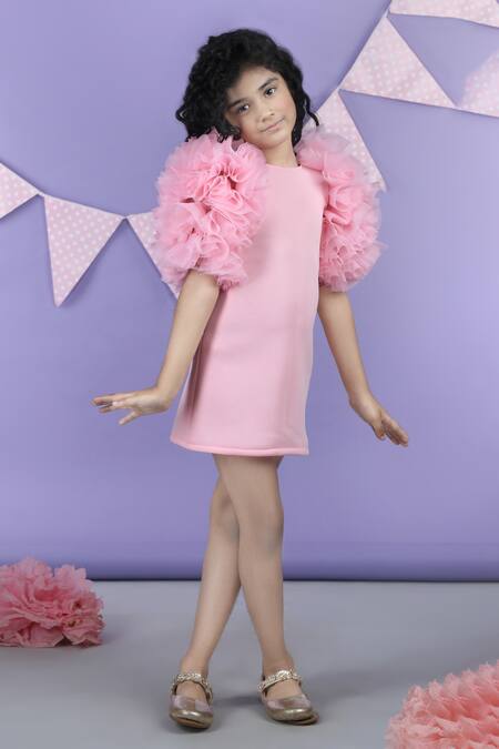 Buy_The Little Celebs_Pink Crepe Ruffled Sleeve Solid Dress _Online_at_Aza_Fashions