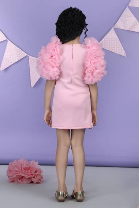 Shop_The Little Celebs_Pink Crepe Ruffled Sleeve Solid Dress _at_Aza_Fashions
