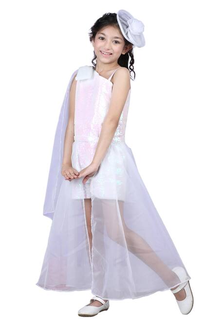 The Little Celebs_White Net, Crepe Sequins Embroidered Jumpsuit With Detachable Skirt _Online_at_Aza_Fashions