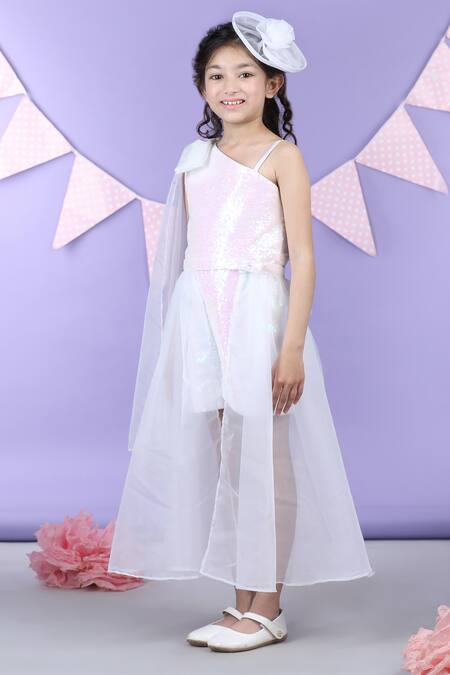 Shop_The Little Celebs_White Net, Crepe Sequins Embroidered Jumpsuit With Detachable Skirt _Online_at_Aza_Fashions