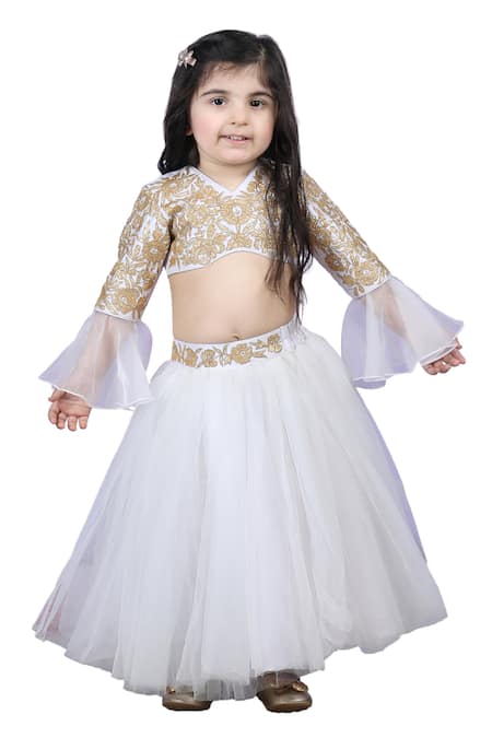 The Little Celebs_White Silk, Net, Satin Gota Patti Embroidered Blouse And Lehenga Set _Online_at_Aza_Fashions