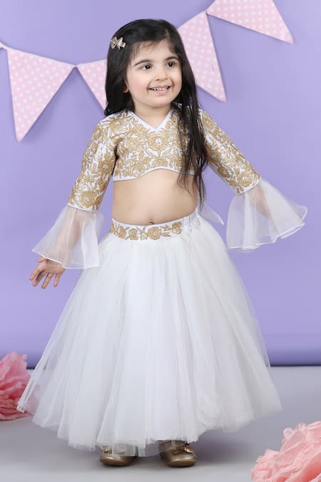 Buy_The Little Celebs_White Silk, Net, Satin Gota Patti Embroidered Blouse And Lehenga Set _Online_at_Aza_Fashions