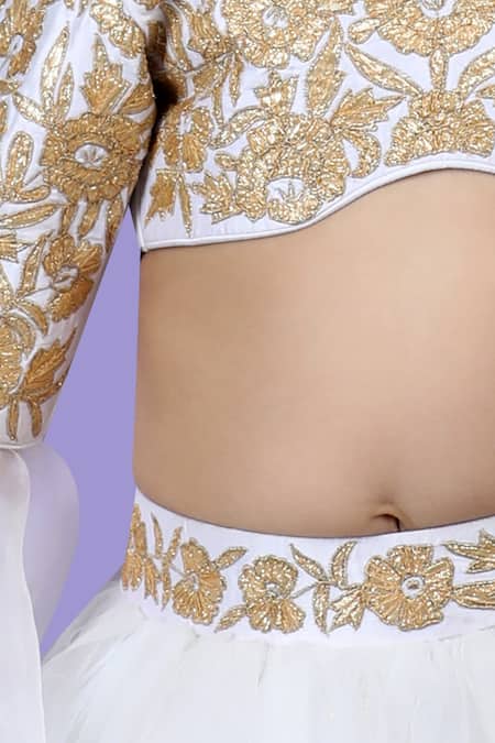 Shop_The Little Celebs_White Silk, Net, Satin Gota Patti Embroidered Blouse And Lehenga Set _Online_at_Aza_Fashions