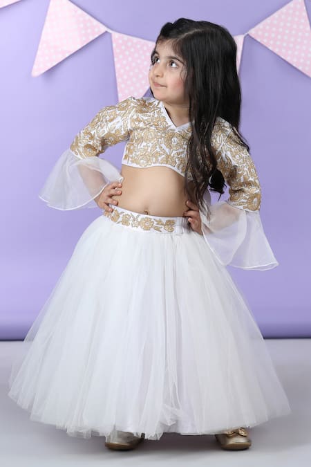 The Little Celebs_White Silk, Net, Satin Gota Patti Embroidered Blouse And Lehenga Set _at_Aza_Fashions