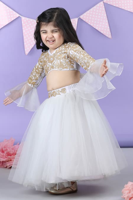 Buy_The Little Celebs_White Silk, Net, Satin Gota Patti Embroidered Blouse And Lehenga Set 