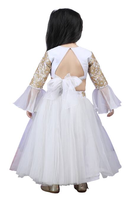 Shop_The Little Celebs_White Silk, Net, Satin Gota Patti Embroidered Blouse And Lehenga Set 